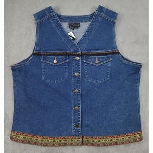Carole Little Jean Vest sz 18 Blue Denim Floural Brocade Ribbon Pockets‎ Button